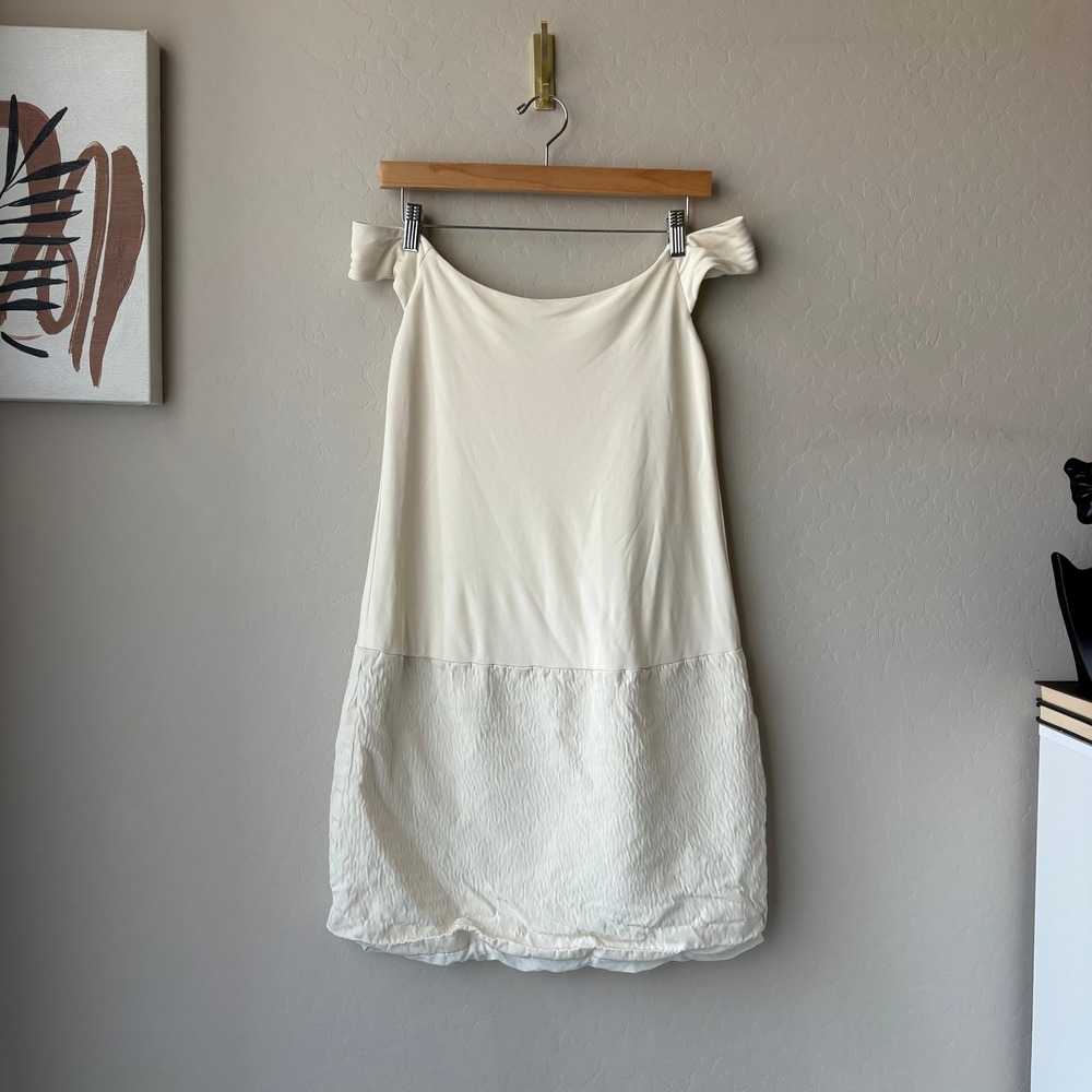 Khaite Cream Off-the-Shoulder Bubble Hem Mini Dress Wool Silk Size 8